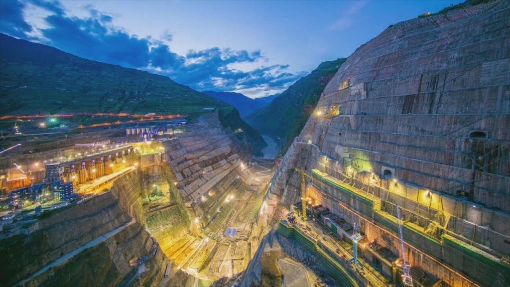 Baihetan Dam construction site at night