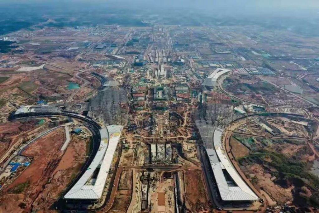 Chengdu Tianfu International Airport under construction you can see the high speed rail and subway routes