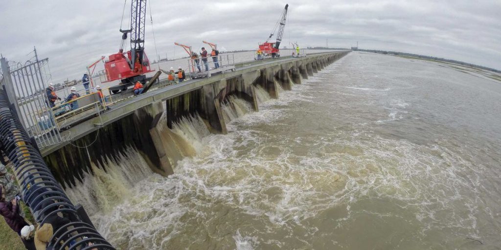 The floodgates of Bonnet Carré Spillway, flooding from the Mississippi River